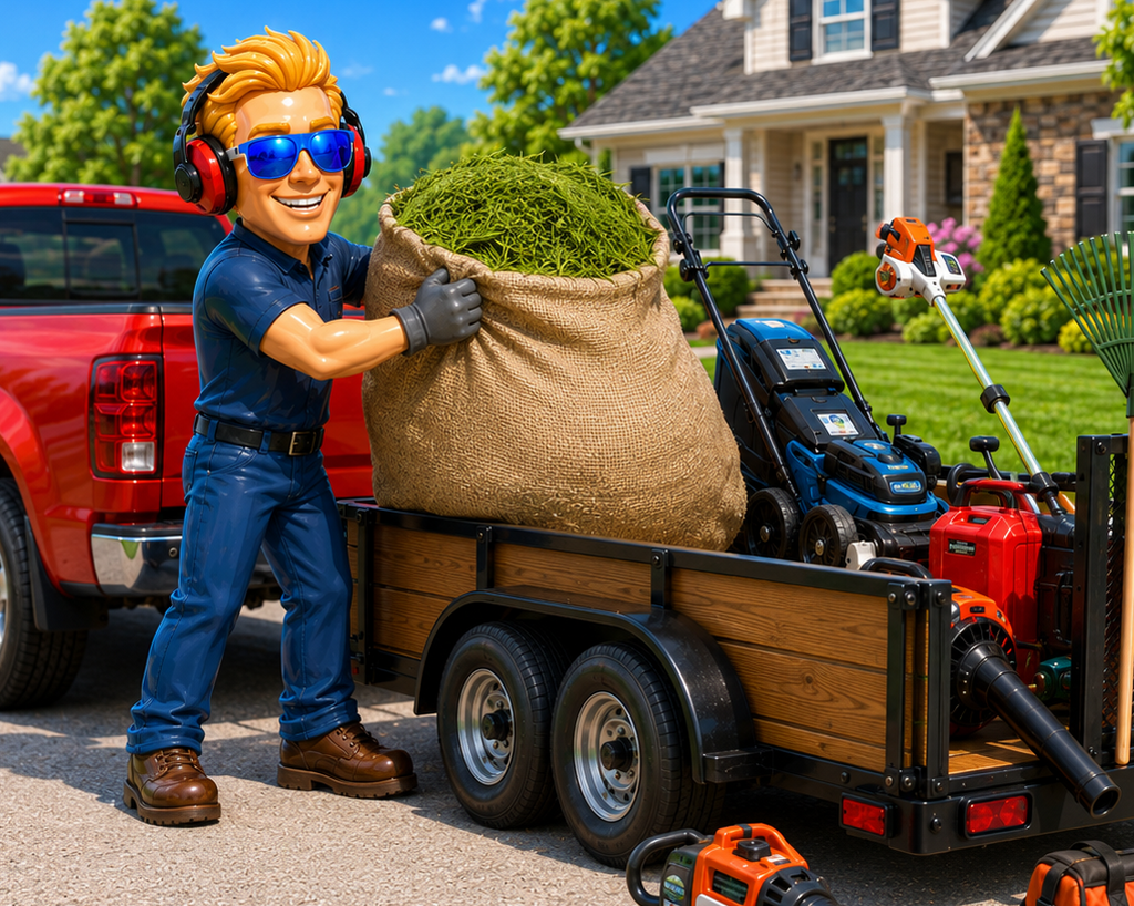 Cartoon worker loading green waste onto trailer