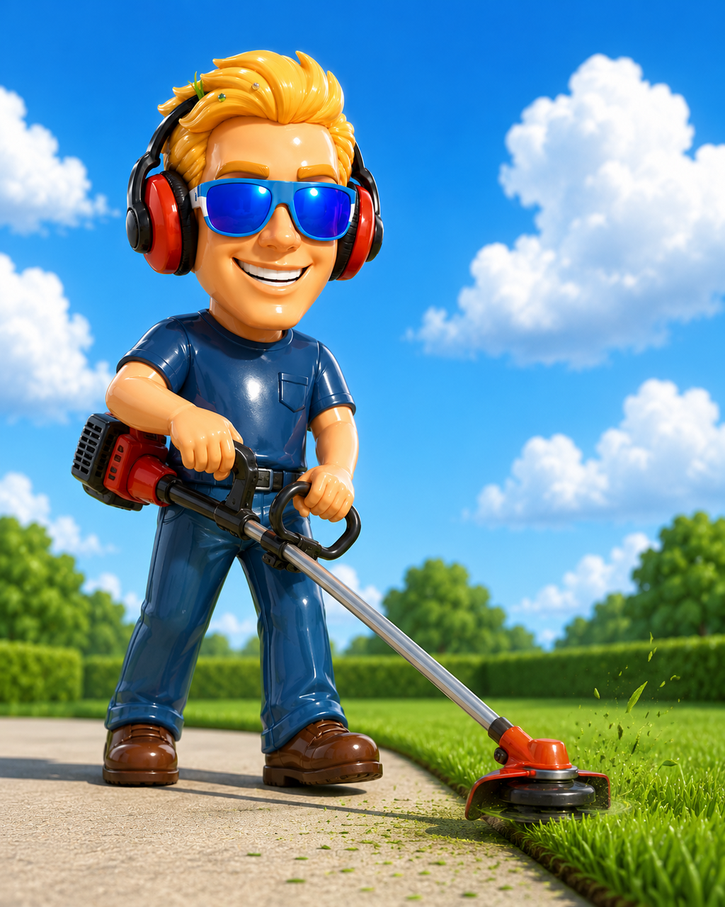 Cartoon worker line trimming lawn edges