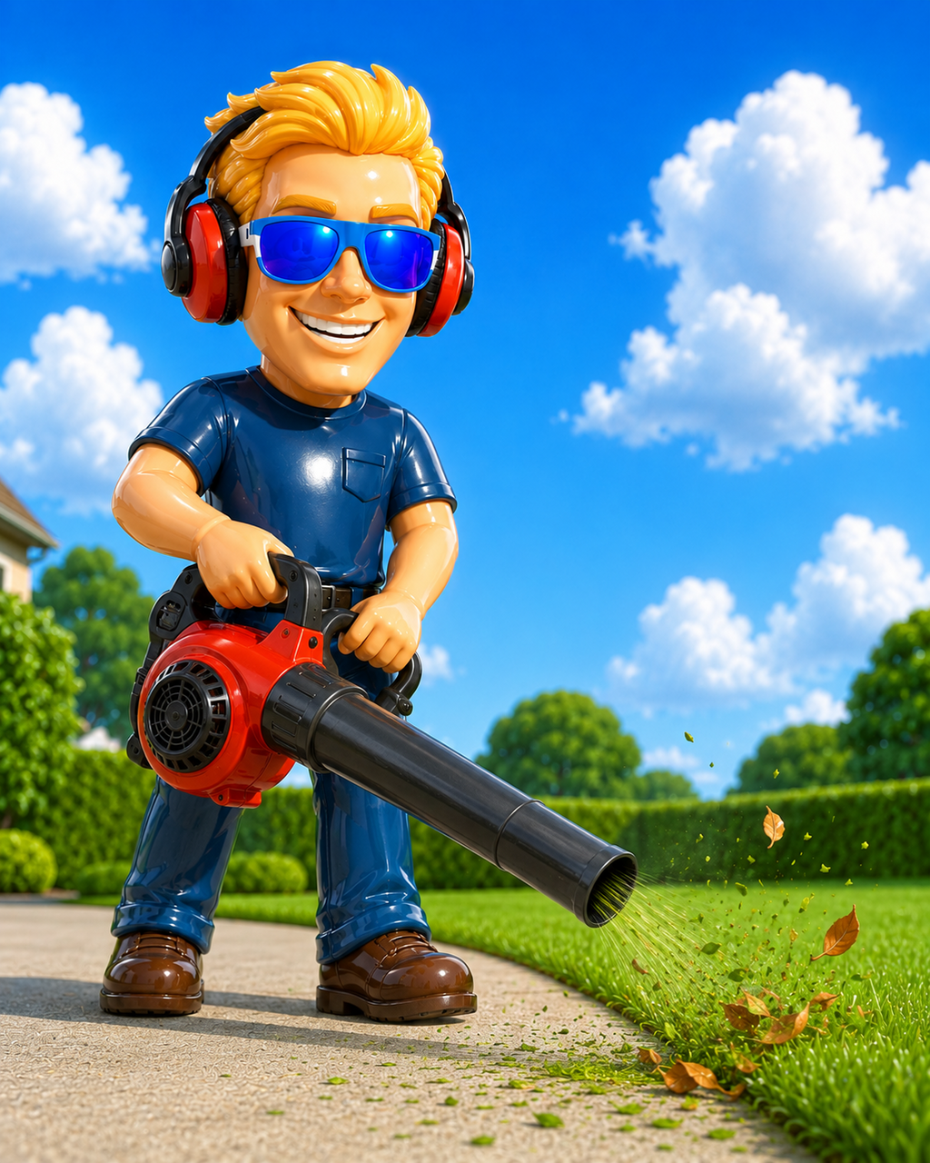 Cartoon worker using a leaf blower on paths